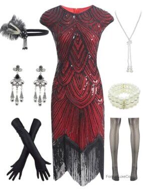 Vintage Lace Fringed Gatsby 1920s Cocktail Dress with 20s Accessories Set